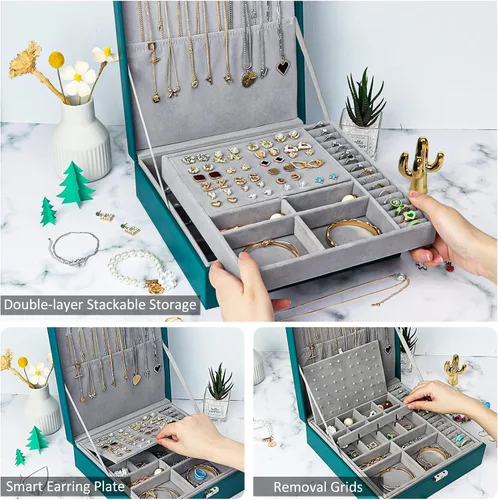 Vista 2 de SIMBOOM Joyero organizador para mujeres y niñas 2 capas de almacenamiento de joyas grande con cerradura organizador de joyas y relojes de cuero