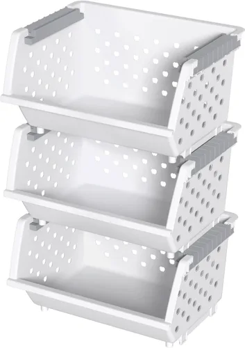 Vista 7 de Cestas de almacenamiento apilables de plástico de 3 niveles, cesta apilable para organizar alimentos, aperitivos, color blanco Plastic Kitchen