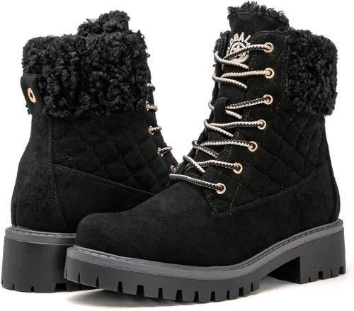 Vista 2 de GLOBALWIN Botas de tobillo acolchadas para mujer, botas de combate de moda, con cordones, tacón bajo, botines de piel cálida para mujer