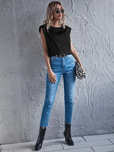 Vista 5 de Verdusa Camisetas de satén para mujer, estilo casual, sin mangas, con almohadilla de hombro