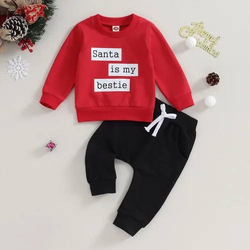 Vista 3 de YOKJZJD Conjunto de sudadera de Navidad para bebé recién nacido, camiseta de manga larga, camiseta y pantalones deportivos (rojo, 0-6 meses), Rojo