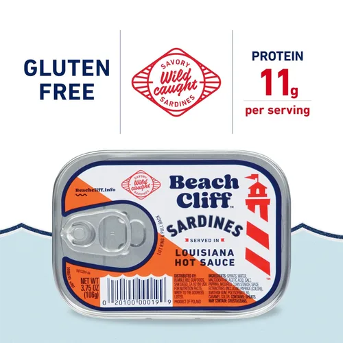 Vista 3 de Beach Cliff Sardinas Silvestres en Salsa Picante de Louisiana, lata de 3.75 oz - 14g de proteína por porción - Sin gluten, apto para dieta keto