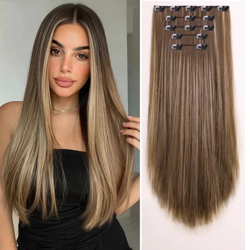 Vista 26 de Extensiones de cabello sintético con clip, color burdeos de 18 pulgadas de largo, invisibles, gruesas, extensiones de cabello lacio con clips, 5
