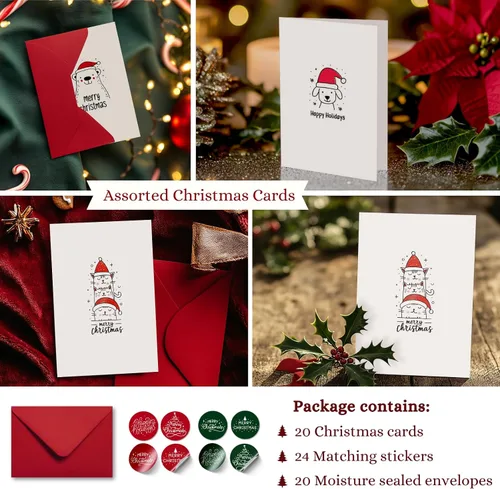 Vista 6 de Paper Play Tarjetas de Feliz Navidad con sobres (diseños de animales surtidos) 10x15 centímetros Tarjetas de Navidad a granel con sobres y pegatinas