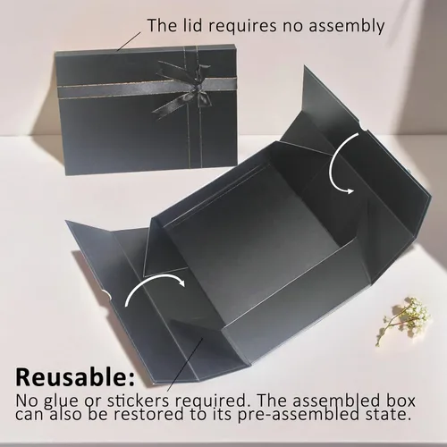Vista 4 de Eerbaier Caja de regalo grande con tapa de 13 x 9.9 x 5 pulgadas, caja de regalo negra con fila de cinta, tarjeta y relleno de papel triturado, caja