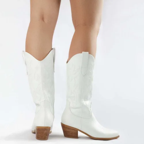 Vista 6 de Botas vaqueras modernas bordadas para mujer, botas de media pantorrilla, tacón grueso, retro, coloridas botas occidentales
