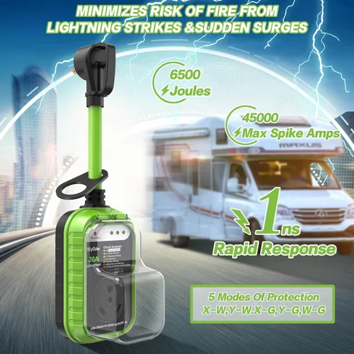 Vista 3 de EyGde Protector de sobretensiones para RV de 30 amperios, analizador de circuito RV con cubierta impermeable, protector de voltaje de potencia