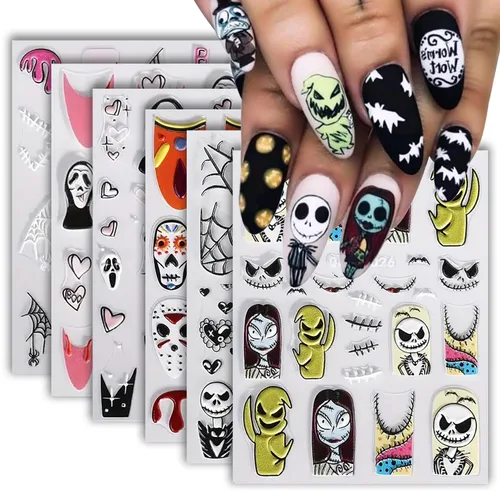 Vista 20 de 8 hojas de calcomanías de uñas de Halloween con diseños de fantasmas lindos, calabaza, araña, telaraña, sangre, llama 3D, autoadhesivas, Otoño