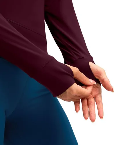 Vista 5 de SANTINY Camiseta de compresión atlética de manga larga para mujer, con dobladillo cruzado, para correr, gimnasio, yoga, con agujero para el pulgar
