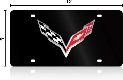 Vista 2 de Crossed Flags - Placa de matrícula de acero inoxidable negro para C7 Stingray Corvette