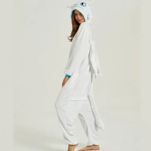 Vista 2 de Pijama sin dientes, disfraz de animal con cola de dragón, disfraz de franela de felpa, pijama de Halloween y Navidad para la familia, color blanco