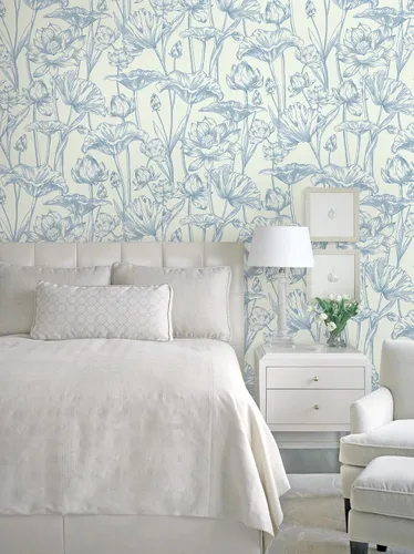 Vista 2 de Vinjiasin Papel tapiz autoadhesivo para despegar y pegar, papel de contacto floral azul moderno, papel de pared de loto para baño, dormitorio