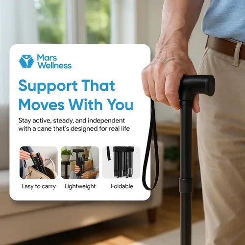 Vista 2 de Mars Wellness Bastón plegable – Bastón ajustable para mujeres y hombres – Bastón plegable para personas mayores, viajes y estabilidad – Ayuda