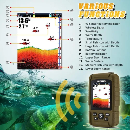 Vista 6 de LUCKY Buscador de peces inalámbrico de mano para barco, transductor con cable, sensor sonar, impermeable, portátil, buscadores de profundidad