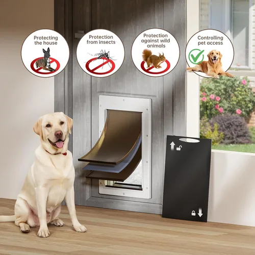 Vista 3 de Puerta de perro con 3 solapas, puerta grande para perros, puerta para perros para instalar en puertas o paredes interiores y exteriores, capa
