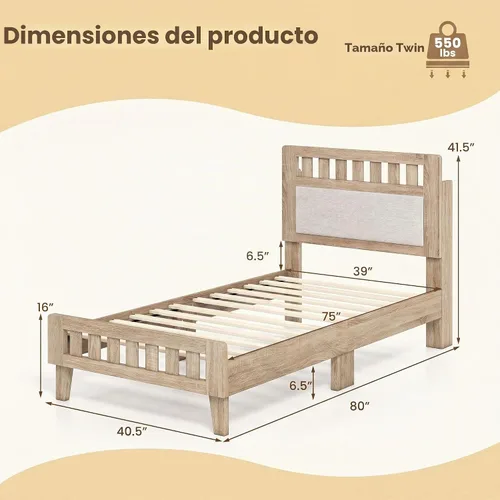 Vista 2 de KOMFOTT Base de cama individual de madera con cabecera tapizada, plataforma moderna de mediados de siglo con espacio debajo de la cama, base