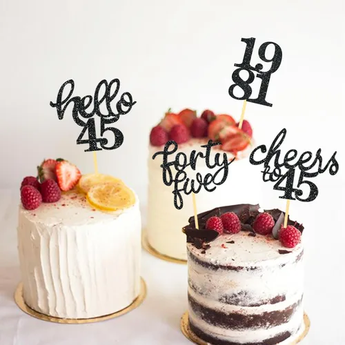 Vista 3 de 24 adornos para cupcakes de cumpleaños 45 con purpurina para decorar tartas de cumpleaños de 45 años, decoraciones de cumpleaños n.° 45 para Black2