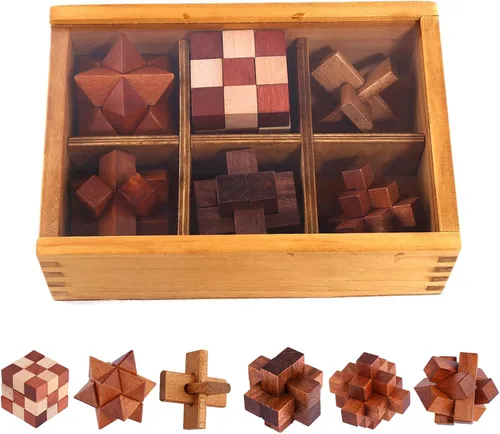Vista 11 de VolksRose 12 piezas de rompecabezas de madera para ejercitar el cerebro, juegos de rompecabezas de desafío de coeficiente intelectual, juguete