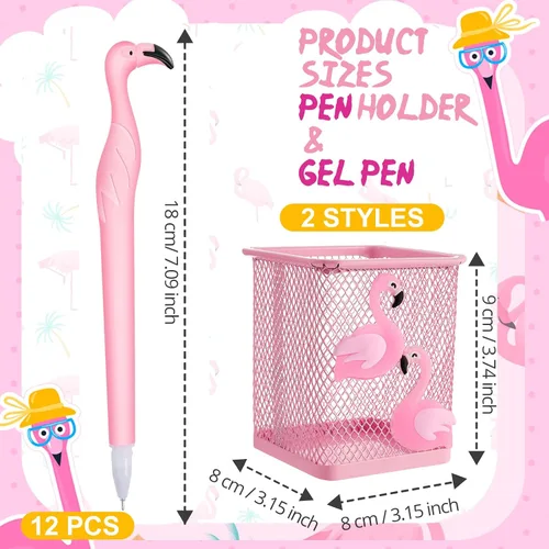 Vista 2 de Henoyso 14 bolígrafos de metal flamencos, portalápices, bonitos bolígrafos rosados, soportes cuadrados de flamenco para escritorio, oficina, hogar