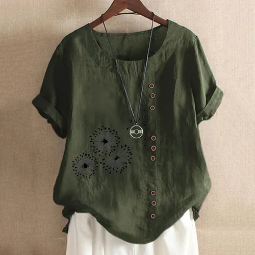 Vista 2 de Camisetas de algodón de talla grande para mujer, manga corta, 4X, camisetas de gran tamaño, con estampado de diente de león, blusa con cuello