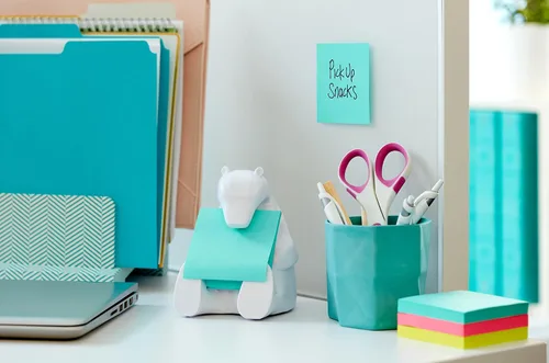 Vista 4 de Post-it Dispensador de notas Z, paquete de 2 almohadillas, 45 hojas por bloc, 2.992 in x 2.992 in, color turquesa, para una cómoda dispensación
