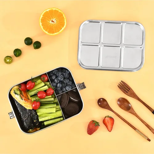 Vista 8 de UPTRUST Fiambrera Bento de acero inoxidable, 3 compartimentos, caja Bento de metal grande de 47.3 fl oz para niños o adultos, contenedor con clips