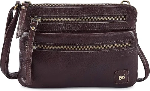 Vista 4 de Wise Owl Accessories Bolso cruzado pequeño de cuero real con triple cremallera para mujer, bolso cruzado vintage de primera calidad