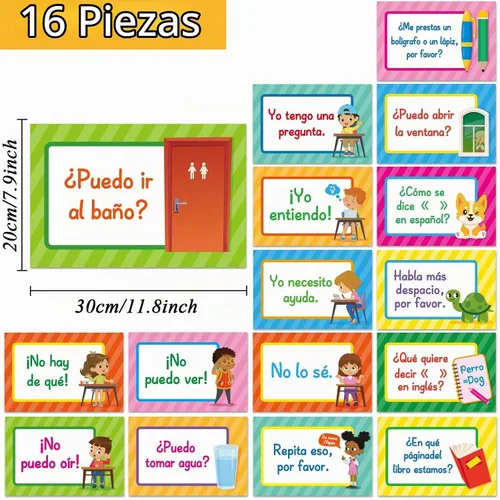 Vista 2 de Juego de 16 pósteres en español con frases en español, decoraciones para el aula, póster de aprendizaje con temática española, materiales de estudio
