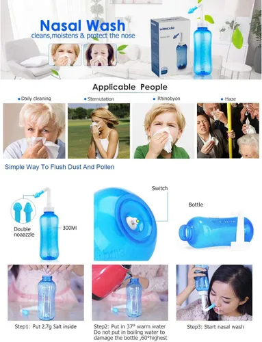 Vista 7 de Carllg Neti Pot - Botella de lavado de riego nasal con sal de enjuague sinusal para adultos y niños (botella de 10.1 fl oz con 30 paquetes de sal)