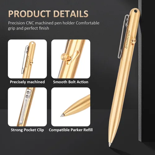 Vista 2 de SMOOTHERPRO - Bolígrafo de acción de perno de latón macizo compatible con recarga Parker, clip de acero inoxidable de bolsillo, para temblor