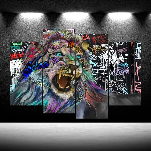 Vista 2 de Cuadro de 4 paneles de graffiti en lienzo de animales para decoración de pared, arte abstracto del rey león, lienzo enmarcado en blanco y negro