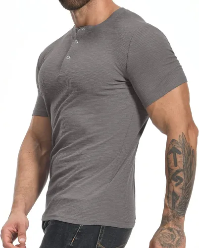 Vista 3 de YTD Camisetas musculares para hombre, camiseta elástica de manga corta para entrenamiento, casual, ajustada, camiseta Henley