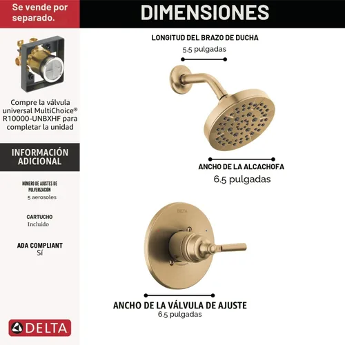 Vista 3 de Delta Saylor - Juego de grifo de ducha serie 14 de 5 ajustes, juego de cabezal de ducha y mango de oro cepillado, kit de moldura de válvula, bronce