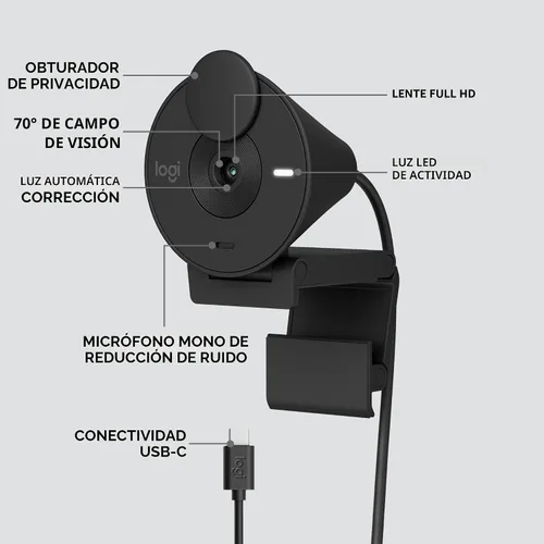 Vista 6 de Logitech Brio 301 Cámara Web Full HD con Obturador de Privacidad, Micrófono de Reducción de Ruido, USB-C, Certificada para Zoom, Microsoft Teams