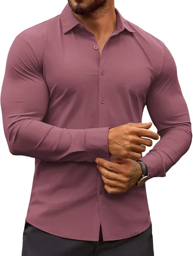 Vista 11 de COOFANDY Camisas de vestir ajustadas para hombre, sin arrugas, manga larga, casuales, con botones