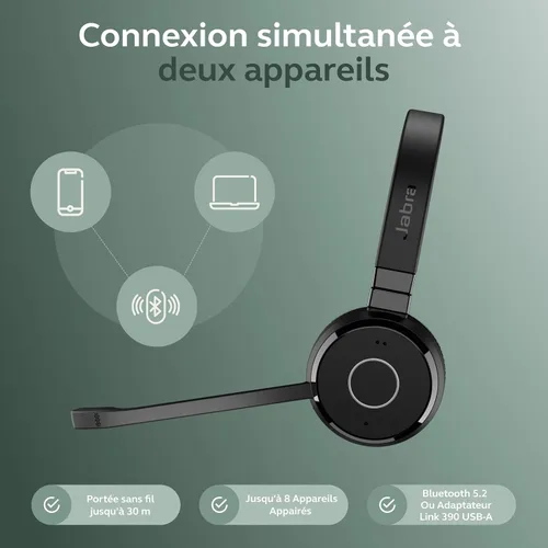Vista 5 de Jabra Evolve 65 TE - Auriculares inalámbricos estéreo USB-A MS / auriculares de música