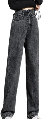 Vista 3 de DGHM-JLMY Pantalones de mezclilla sueltos de cintura alta para mujer, pantalones de mezclilla rectos desgastados, holgados y casuales de cintura alta