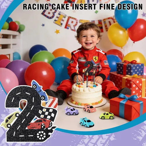 Vista 5 de Decoración para tartas de auto de carreras, 15 piezas, decoración de cumpleaños de autos de carreras, velas de cumpleaños falg a cuadros