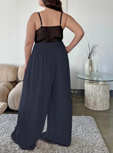 Vista 2 de Eytino Pantalones de pierna ancha para mujer, talla grande, casual, holgados, fruncidos, de cintura alta, pantalones palazzo (1X-5X)
