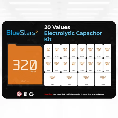 Vista 2 de BlueStars, variedad de condensadores electrolíticos de aluminio, 20 valores, 320 unidades, rango 1uF－2200uF