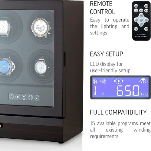 Vista 5 de Enrollador de reloj para relojes automáticos con cajón de almacenamiento, luz LED, pantalla LCD y control remoto (ébano + negro), Ébano + Negro