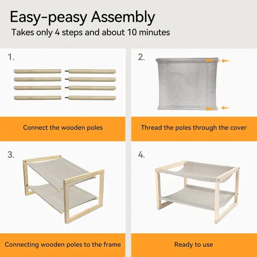 Vista 6 de Cama para gatos, hamaca de madera de doble capa para interiores y exteriores, cama elevada para perros pequeños, hecha de materiales naturales