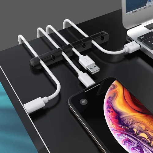 Vista 3 de SOULWIT Clips de soporte para cables, paquete de 3 clips organizadores de cables de silicona autoadhesivos para escritorio, cable de carga USB