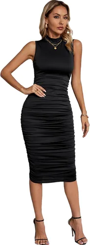 Vista 5 de Umenlele Vestido midi sin mangas para mujer, con cuello alto falso, fruncido, entallado, tubo para discoteca y salidas nocturnas
