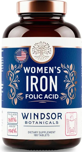 Vista 8 de Suplemento de hierro para mujeres con ácido fólico, suministro de píldoras de hierro para mujeres de Windsor Botanicals, anemia, período, apoyo al