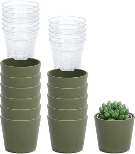 Vista 38 de Phoenix Vine Macetero de plástico verde oliva de 4.5 pulgadas con maceta transparente, cubierta decorativa ligera con maceta interior transparente