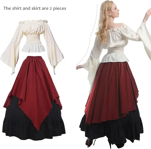 Vista 4 de CR ROLECOS Disfraz renacentista para mujer, vestido medieval campesino, manga trompeta, camisa y falda victoriana