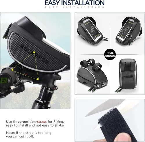 Vista 4 de ROCKBROS Bolsa de montaje para teléfono de bicicleta, bolsa para manillar con marco frontal para bicicleta, funda impermeable para teléfono, bolsa