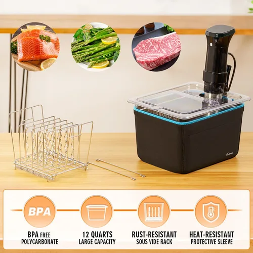 Vista 4 de HOMENOTE Recipiente Sous Vide de 12 cuartos con tapa universal plegable con bisagras, kit completo de accesorios Sous Vide libre de BPA, compatible
