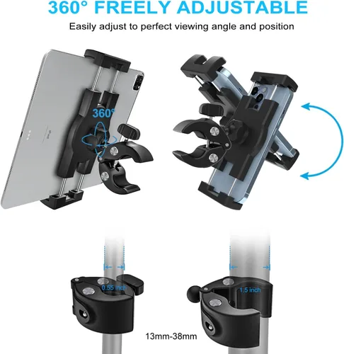 Vista 4 de Soporte para tablet de cochecito para bebé, abrazadera de manillar para scooter, silla de ruedas, bicicleta de gimnasio, equipo de entrenamiento